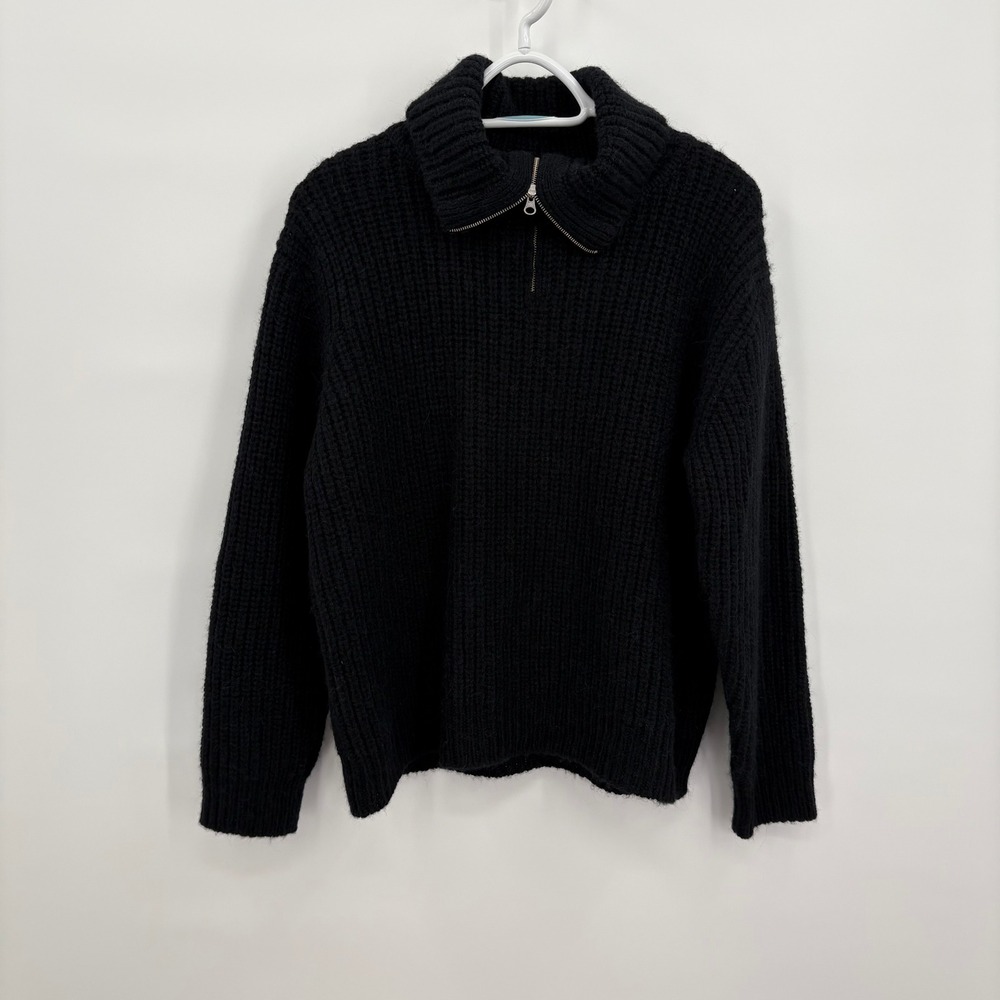 Peruvian Connection Black 100% Baby Alpaca Ribbed Quarter Zip Sweater Womens S